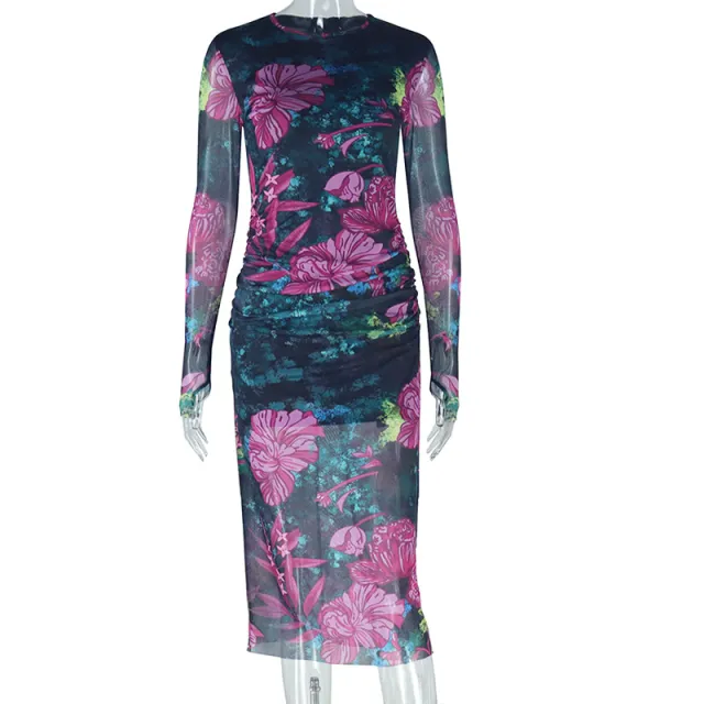 One step Round neck Long sleeve Slim Long Dress Green And Floral Pattern - Shop at LoveMi