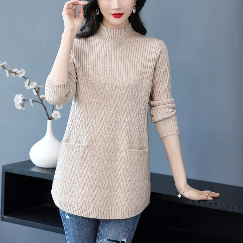 Half Turtleneck Knitted Warm Woolen Skirt Women's Winter Loose - Beige Camel