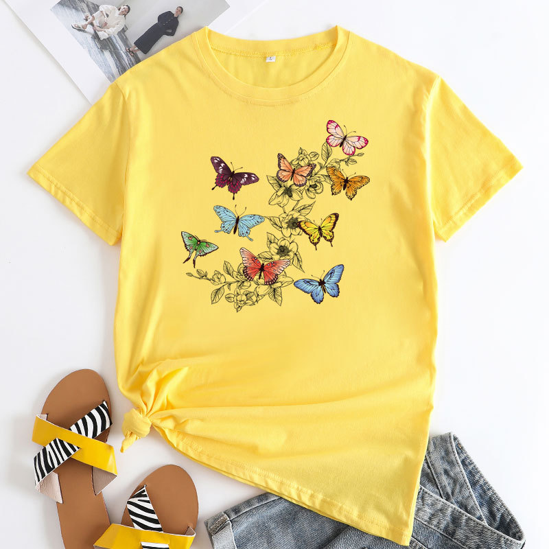 Butterfly Print Love Cotton Short sleeved T shirt For Women Yellow - Shop at LoveMi