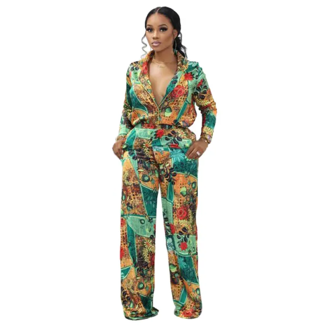 Casual Fashion Digital Printed V neck Women's Two piece Suit Green - Shop at LoveMi