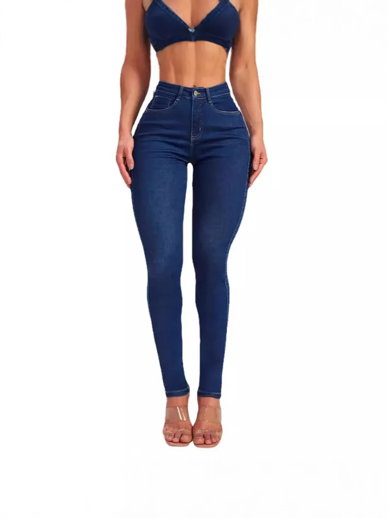 Hip Skinny Pants Stretch High Waist Jeans For Women - Dark Blue