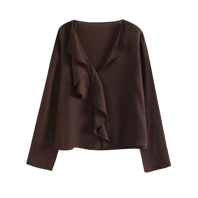 French Lightly Mature Ruffled V neck Long Sleeve Shirt Picture Color M - Shop at LoveMi