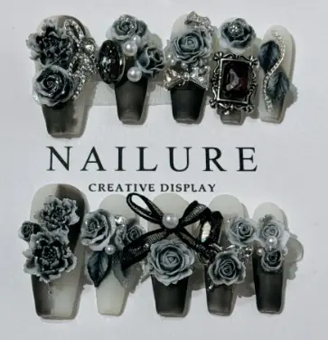 High-grade Carved Black And Rose Red Jiangnan Ink And Wash Style Internet Celebrity Wear Nail