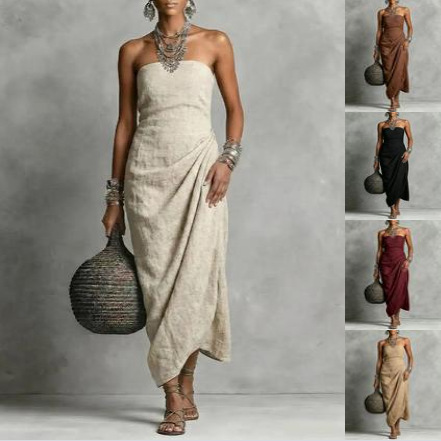 Strapless Pleated Linen Cotton Dress