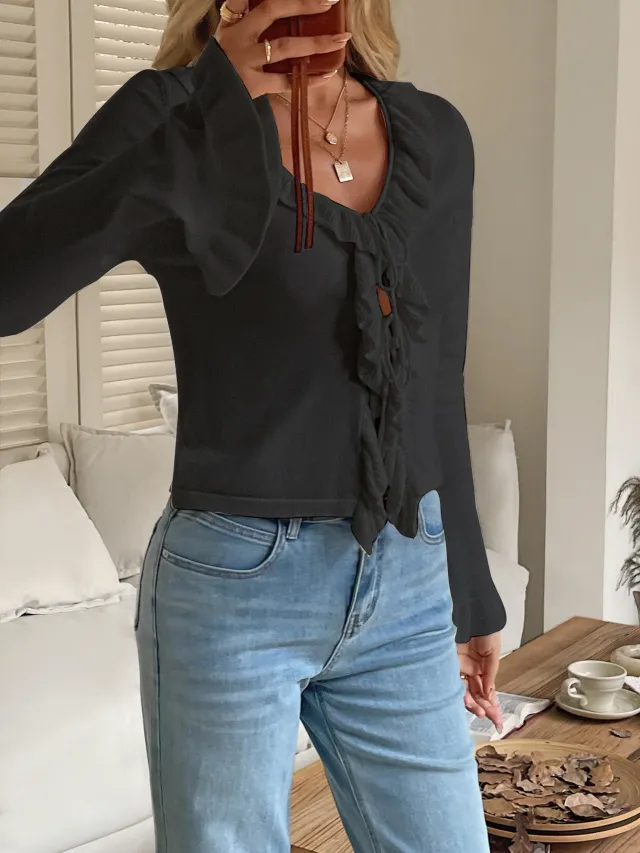 Women's Long Sleeve Tied Sweater Black - Shop at LoveMi