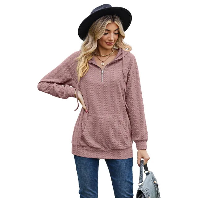 Women's Fashion Solid Color Hooded Zipper Loose Long Sleeve Sweatershirt Dark Pink - Shop at LoveMi