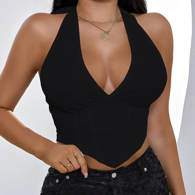 Women's V neck Lace Up Backless Top Black - Shop at LoveMi