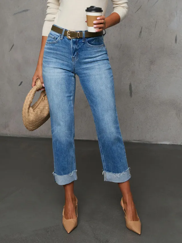 Cuffed Capri Pants, Fashionable Stretchy Whiskered Denim Jeans Blue - Shop at LoveMi