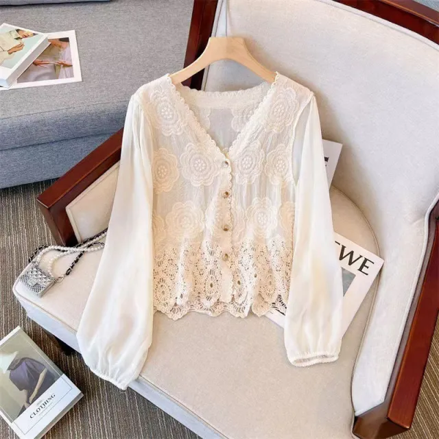 New French Style Summer Hollow out Shirt Stitching Flying Sleeves Top Beige - Shop at LoveMi