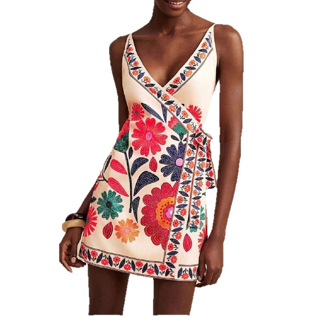 Women's Fashion Casual V-neck Lace-up Vacation Style Sling Dress