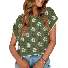 Midriff-baring Short Sleeve Colour Block Round Neck Knitted Little Flower Sweater Short - Green - View 1