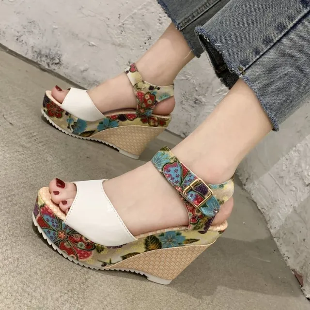 Stylish Peep Toe Women's Roman Sandals With Buckle High Heel Fashion Casual Plus Size White - Shop at LoveMi