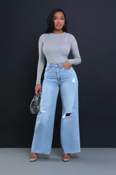 Women's Ripped High Waist Loose Straight Wide Leg Jeans - Light Blue - View 1
