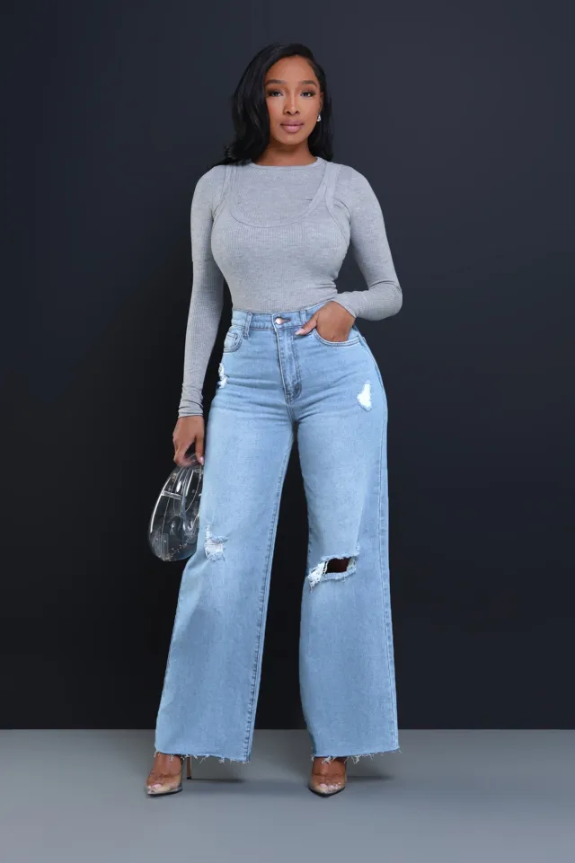 Women's Ripped High Waist Loose Straight Wide Leg Jeans Light Blue - Shop at LoveMi