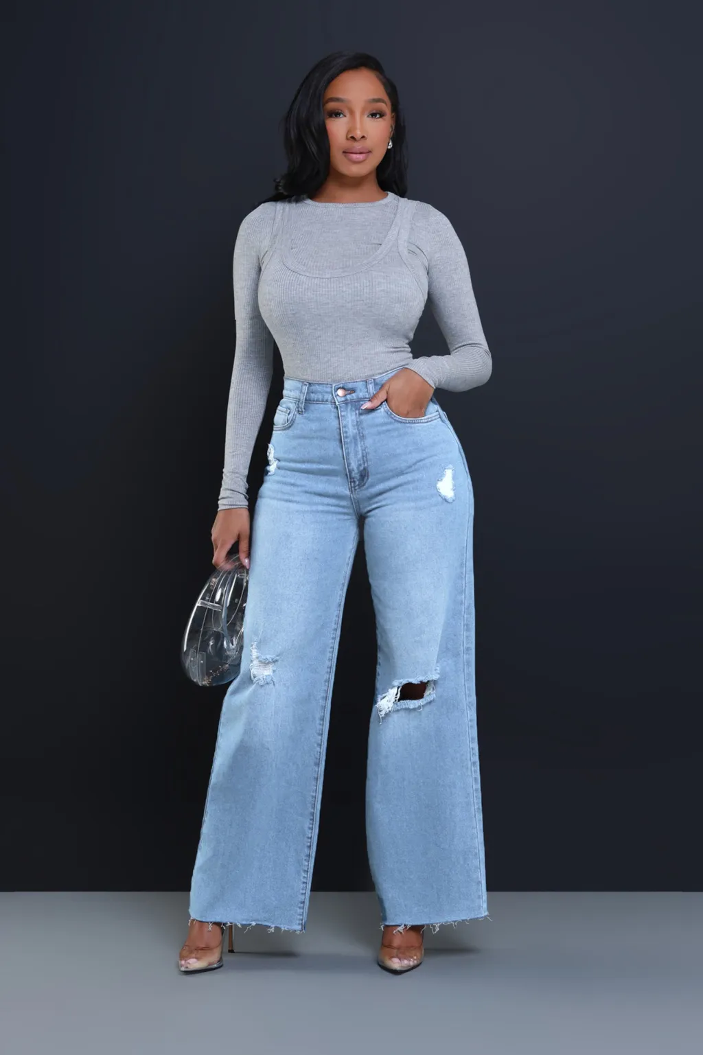 Women's Ripped High Waist Loose Straight Wide Leg Jeans - Light Blue