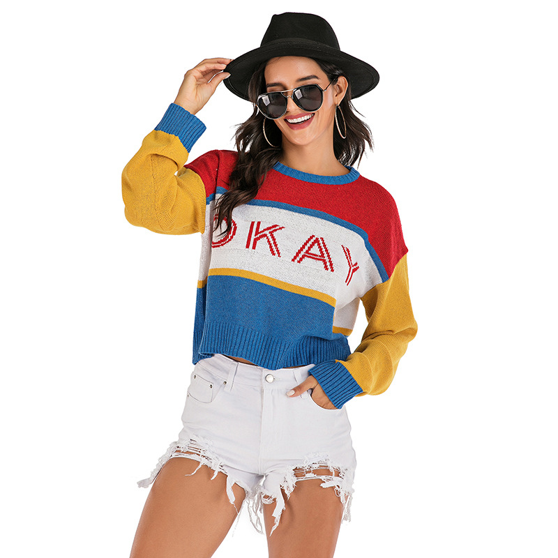 Color Matching Knitted Short Base Sweater Women Picture Color M - Shop at LoveMi