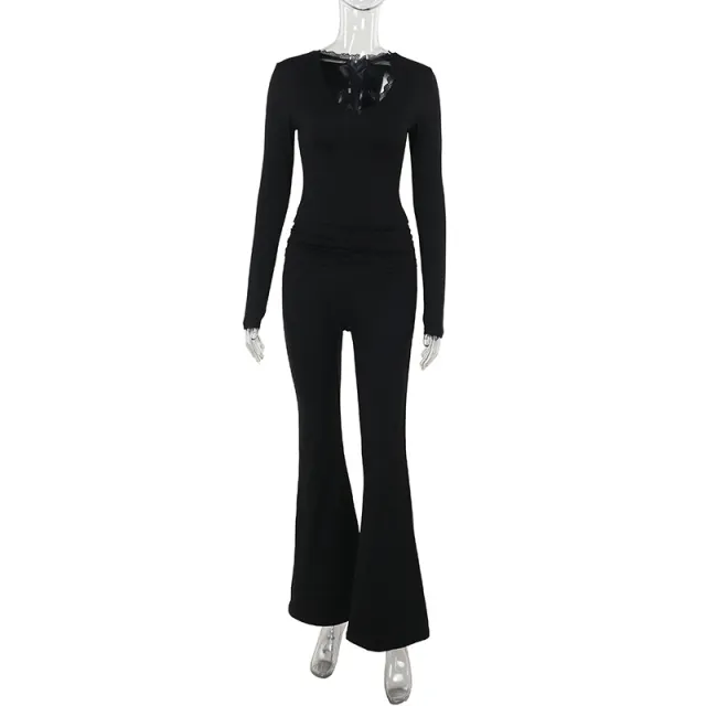 Lace Long Sleeve Short Top High Waist Women's Suit Black - Shop at LoveMi