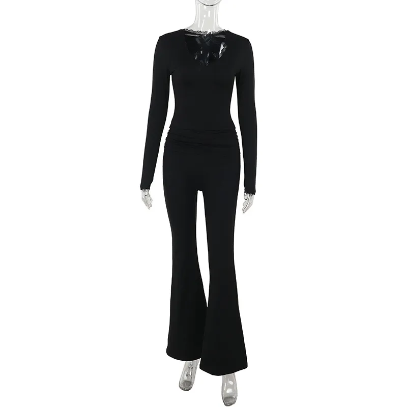 Lace Long Sleeve Short Top High Waist Women's Suit - Black