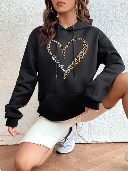 Retro Love Pattern Women's Sheath Hoodie Printed Pullover College Style 7 Black - Shop at LoveMi