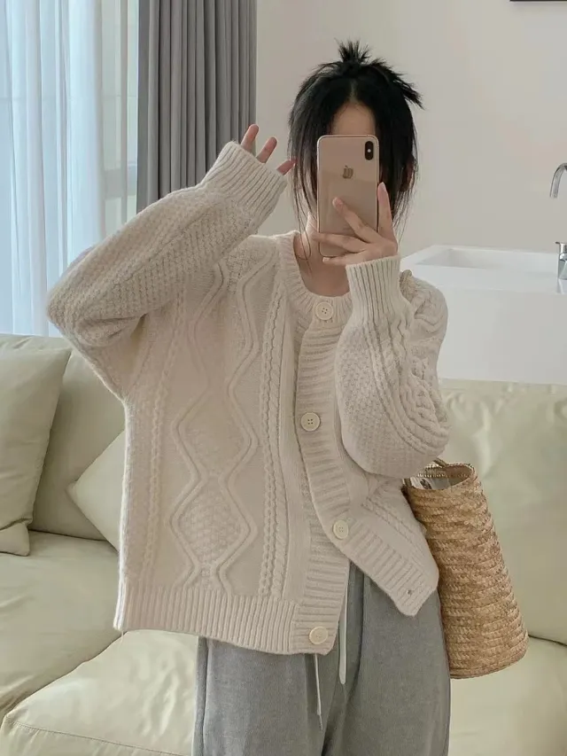 Twist Knitted Cardigan Jacket Design Sense Beige - Shop at LoveMi