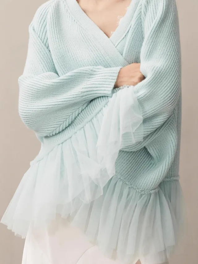 Ruffled Gauze Knitting Sweater Cardigan Long Sleeve Sky Blue - Shop at LoveMi