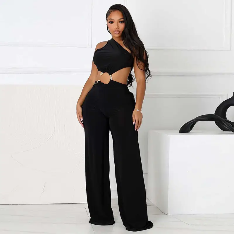 Hollow-out Diagonal Collar Lace-up Pleated Ring Stitching Straight Long Conjoined Trousers