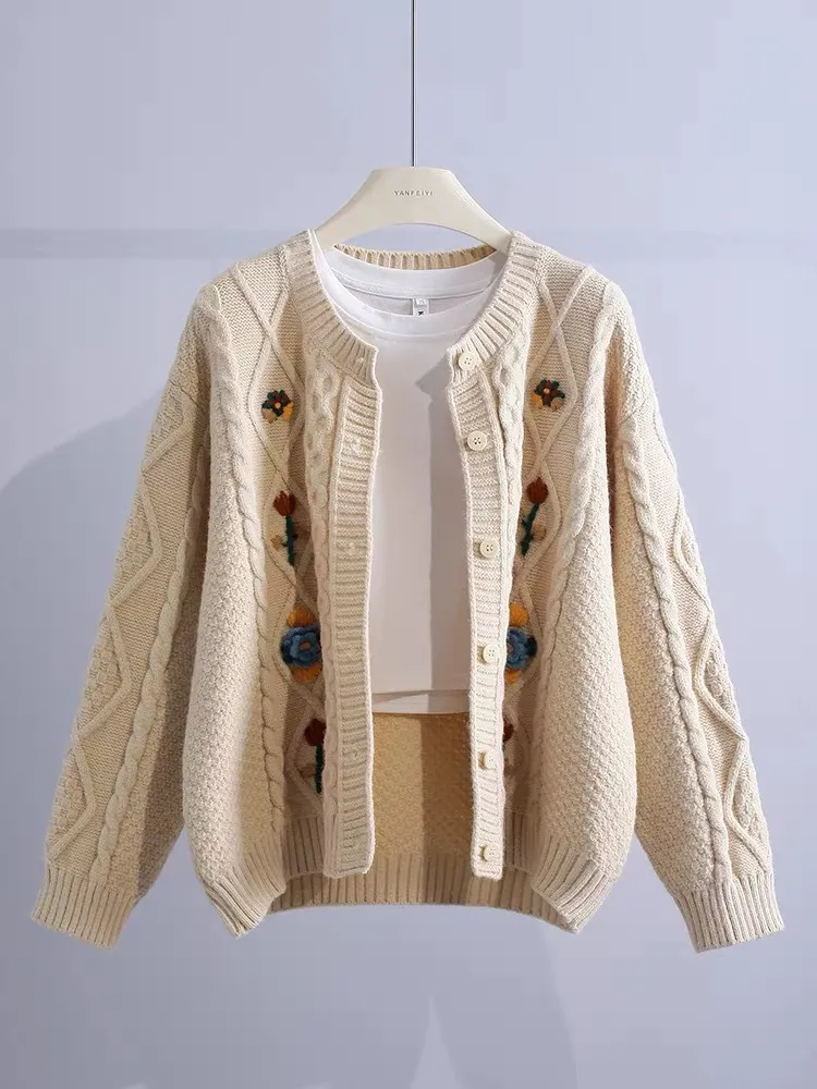 Retro Machine Embroidery Cable-knit Sweater Outerwear Shirt - Apricot