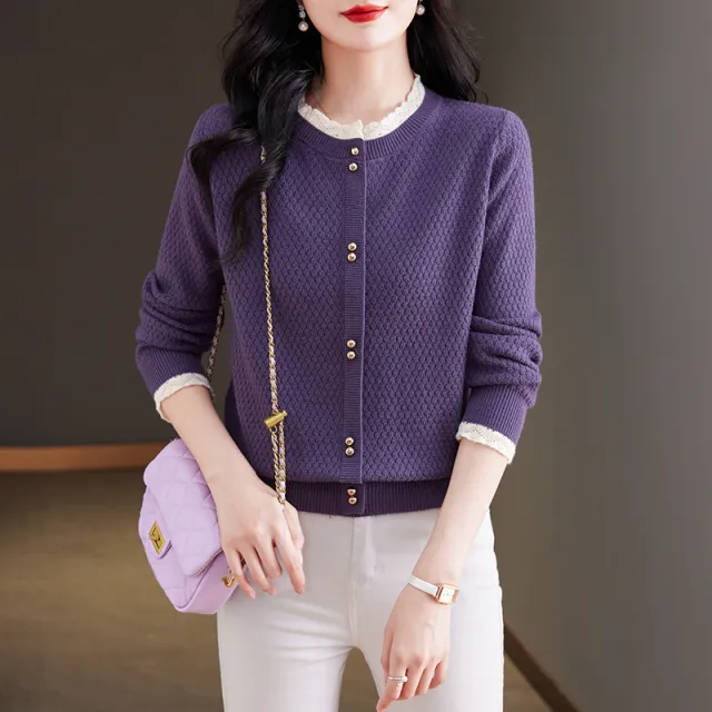 Fashionable Stylish Lace Round Neck Knitted Women Purple - Shop at LoveMi