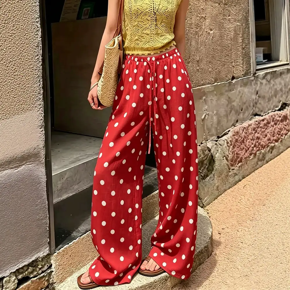 Womens Polka-dot Casual Long Straight-leg Pants