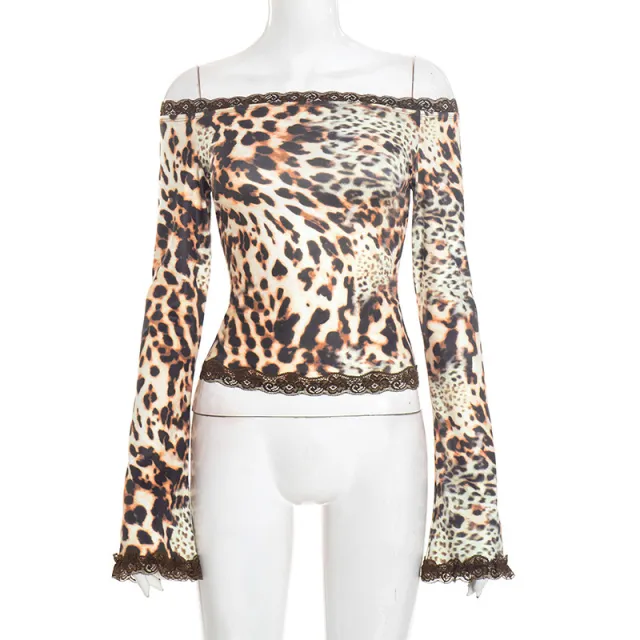 Off shoulder Leopard print Lace trimmed Flared sleeve Top Red - Shop at LoveMi