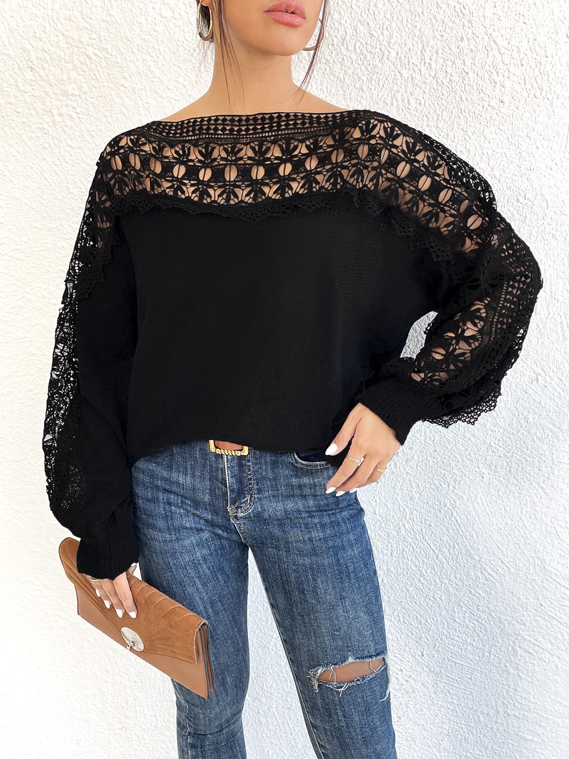 Lace-Panel Off-the-Shoulder Sweater Pullover