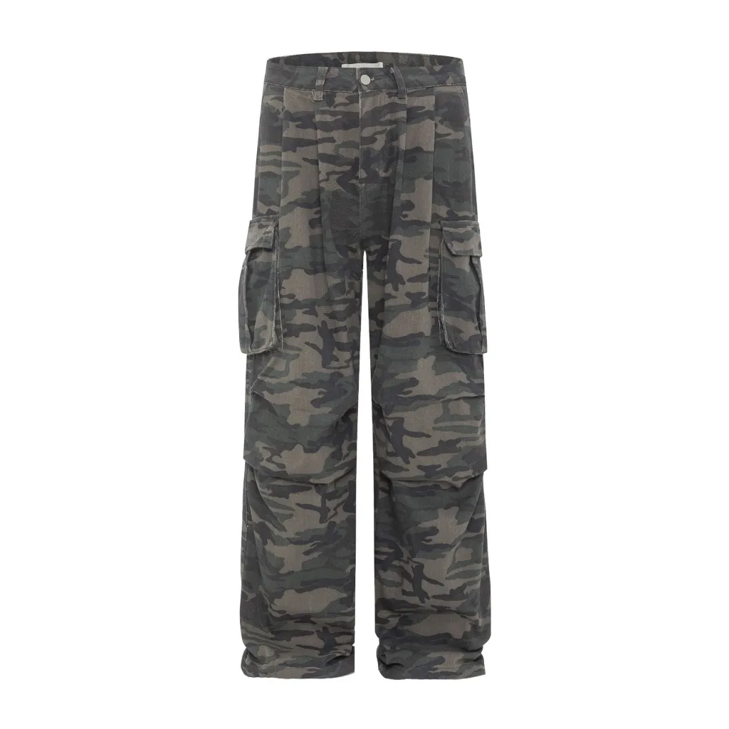 Retro Washed Camouflage Workwear With Pocket Straight Loose Jeans - Camouflage Colour