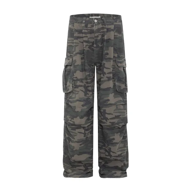 Retro Washed Camouflage Workwear With Pocket Straight Loose Jeans Camouflage Color - Shop at LoveMi