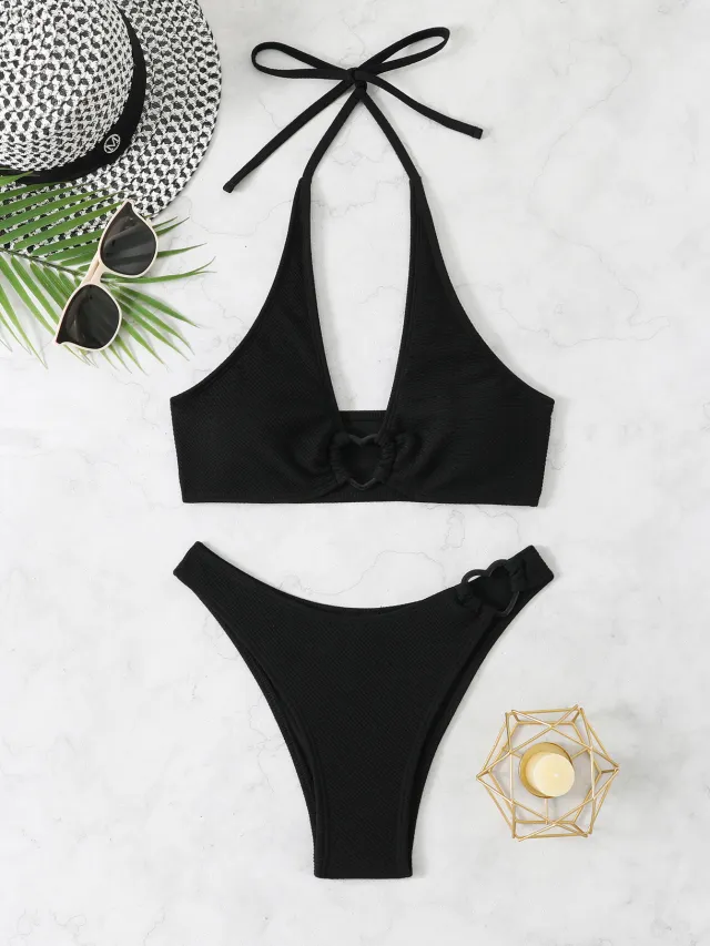Solid Color Split Love Heart shaped Bikini Swimsuit Black - Shop at LoveMi