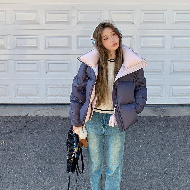 Women's High Collar Warm Cotton-padded Coat With Contrast Color Design - Navy