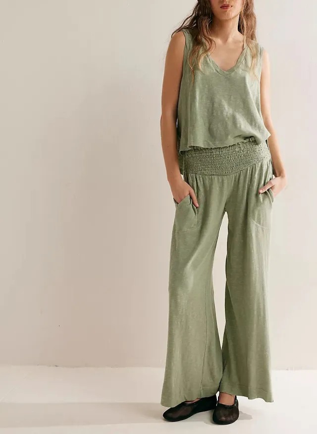 Women's Knitted V neck Top Elastic Waist Two piece Suit Green - Shop at LoveMi