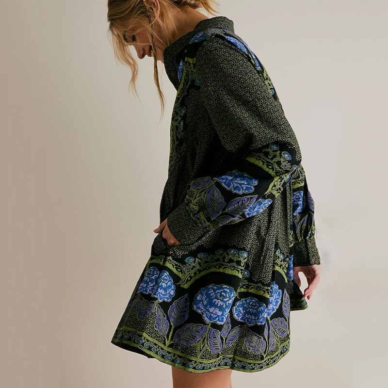 European And American Printing Lapel Long Sleeve Loose Big Hem Dress