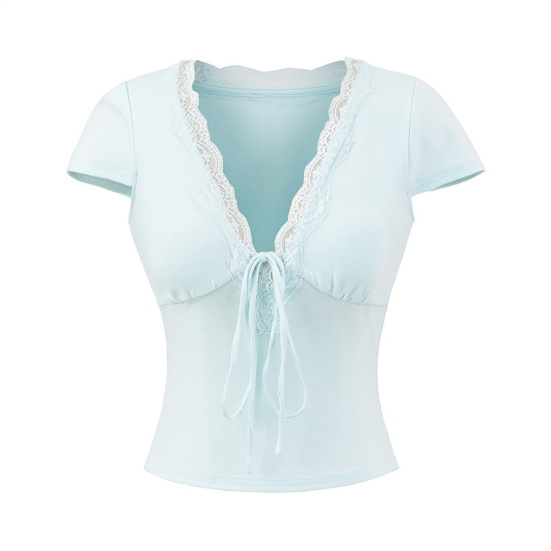 European And American Style Slim Chest Pad Lace V-neck Short Sleeve
