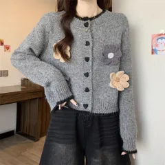 French Style Temperament Flower Round Neck Sweater Short Knitted Cardigan - Grey - View 1