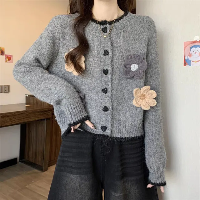 French Style Temperament Flower Round Neck Sweater Short Knitted Cardigan Gray - Shop at LoveMi