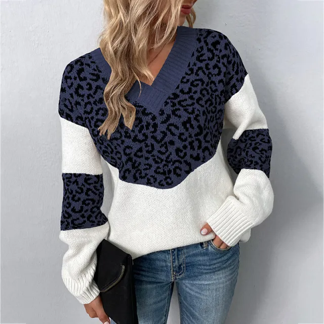 Fur Rain V neck Pullover Contrast Color Leopard Print Sweater Green Leopard Print - Shop at LoveMi