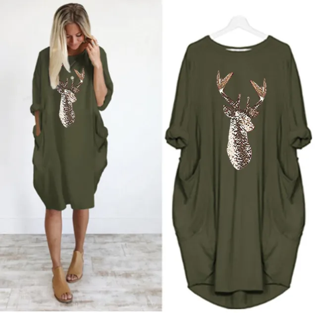 Christmas Pattern Printed Sweater Dress Round Neck Spring And Autumn Dress Green - Shop at LoveMi