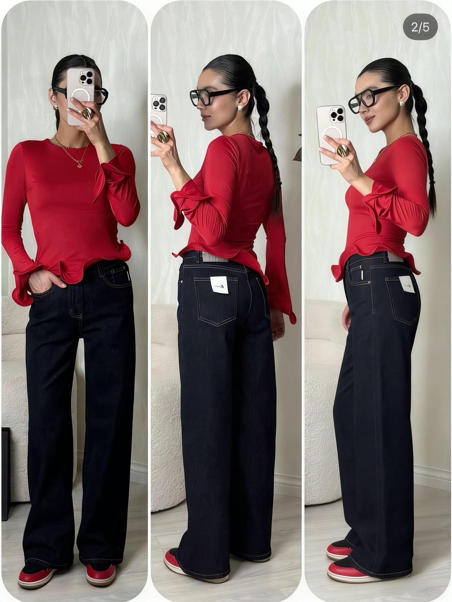 Crew-neck T-shirt With A Solid Color And An Asymmetrical Ruffled Hem