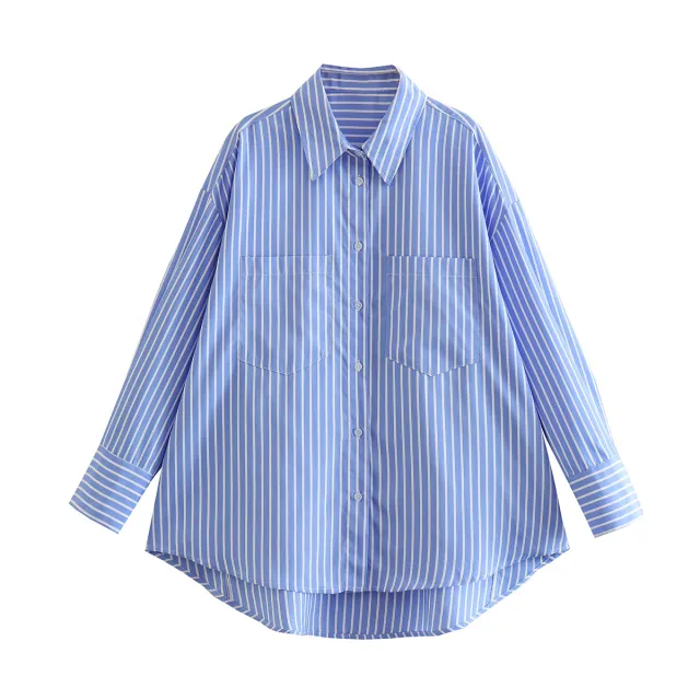 Loose Casual Mid length Short Front And Long Back Striped Shirt Blue - Shop at LoveMi