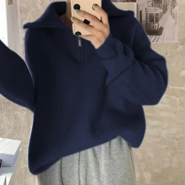 Women's Solid Color Loose Zipper Lapel Stand Up Sweater Navy - Shop at LoveMi