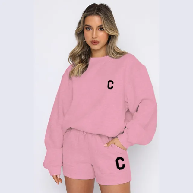Autumn And Winter New Fleece Fashion Letter Casual Suit Pink - Shop at LoveMi