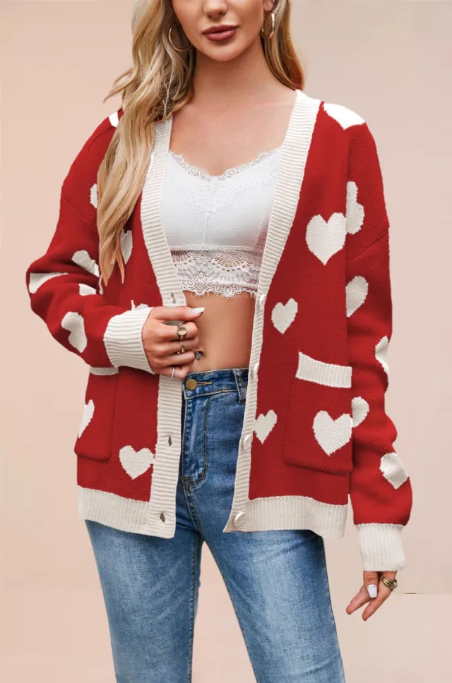 Heart Peach Knitted Cardigan Pocket V neck Common Style Coat Red - Shop at LoveMi
