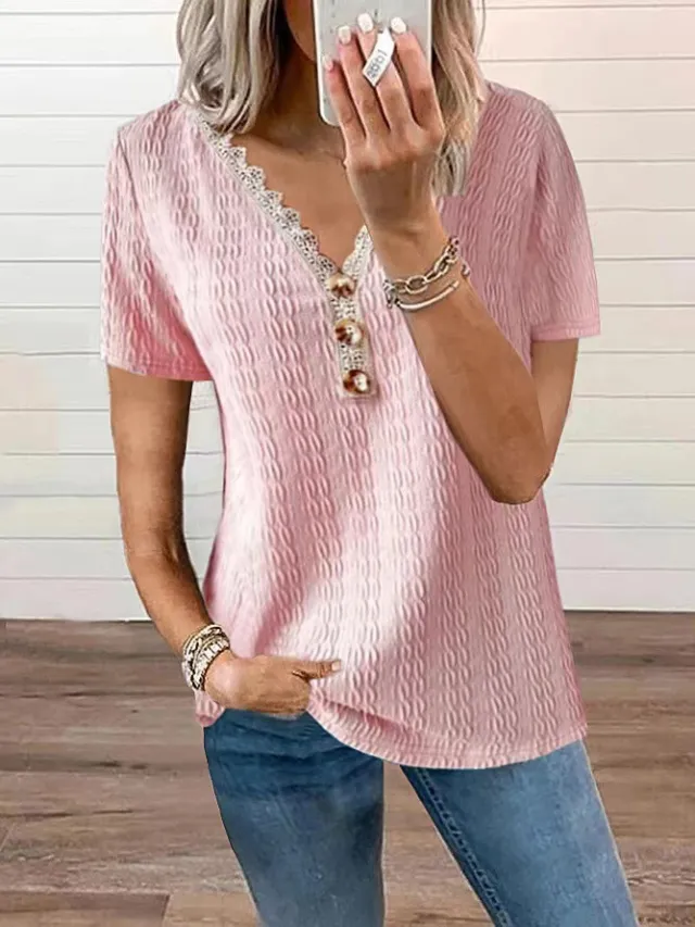 Loose V neck Casual Lace Button Short Sleeve T shirt Top Pink - Shop at LoveMi
