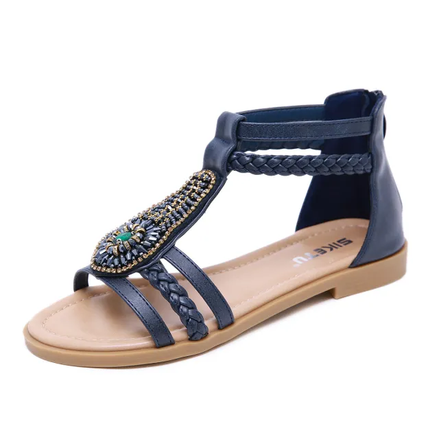 Bohemia Vintage Beaded Zipper Rhinestone Roman Flat Shoes Blue - Shop at LoveMi