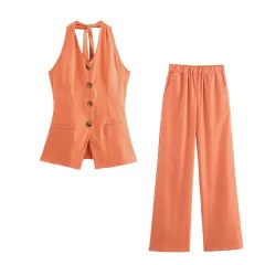 Women's Linen Halter Lace-up Top Vest Elastic Waist Wide Leg Trousers Suit - Orange Suit - View 1